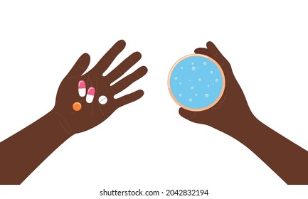 Taking pills. Medicines in palm top view. Hands of african american person man holding tablets and water. Illness treatment concept. Vector flat illustration.