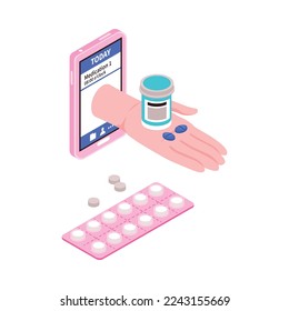 Taking pills reminder smartphone app isometric icon 3d vector illustration