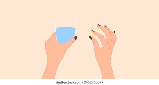 Taking the pills. Woman holds in hands the capsule, tablet and a glass of water. Vector illustration concept supplementation and health, replenihment vitamin. Flat design.