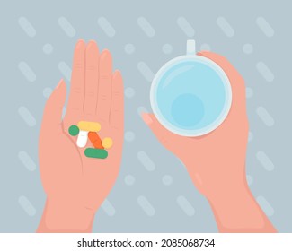 Tomar píldoras de prescripción ilustración vectorial de color plano. Tratamiento médico para la enfermedad. Medicamentos para enfermedades. Manteniendo medicamentos y taza de agua dibujos animados 2D de primera mano con fondo abstracto