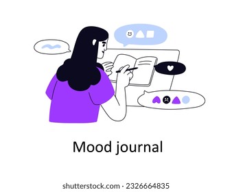 Taking records, notes in mood journal. Woman writing thoughts, tracking emotions, mental health in diary. Self-help, psychology concept. Flat vector illustration isolated on white background