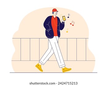 Taking a relaxing walk while listening to music via smartphone, happiness vector illustration.