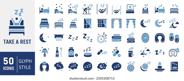 Taking a rest icon set. Related to sleeping, bedroom, dream, pillow, bed, alarm clock, insomnia, night and rest icons. Solid icon collection.