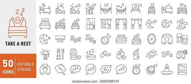 Taking a rest icon set. Related to sleeping, bedroom, dream, pillow, bed, alarm clock, insomnia, night and rest icons. Vector Illustration