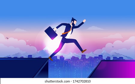 Taking risk in business and career - Brave person jumping over rooftops, high up with cityscape in background. Risky leap, courage, bravery and overcome obstacle concept. Vector illustration.