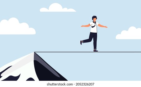 Taking risk concept for success Man walking on tight rope symbol vector illustration Business risk and challenge in career path Business project deadline Time management Assessment and control