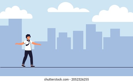 Taking risk concept for success Man walking on tight rope symbol vector illustration Business risk and challenge in career path Business project deadline Time management Assessment and control