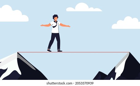 Taking risk concept for success Man walking on tight rope symbol vector illustration Business risk and challenge in career path Business project deadline Time management Assessment and control