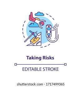 Taking risks concept icon. Extreme sport, active recreation, personal growth idea thin line illustration. Experiencing new and exciting. Vector isolated outline RGB color drawing. Editable stroke