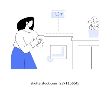 Tomar mediciones de habitación abstracta ilustración vectorial concepto. Diseñador de interiores realiza mediciones en la habitación, servicio de reparación de apartamentos, metáfora abstracta del interior de la casa privada.