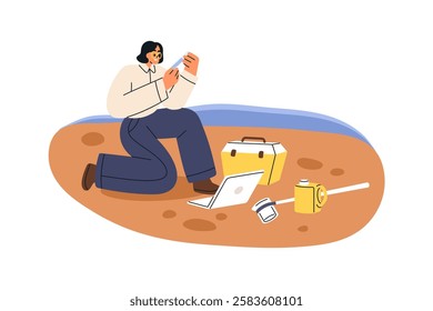 Taking samples, conducting water analysis for quality control and pollution research. Scientist examining chemical contents, safety test, check. Flat vector illustration isolated on white background