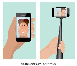  Taking a self portrait with monopod. Self Portrait Tool For Smartphone. For use as logos on cards, in printing, posters, invitations, web design and other purposes