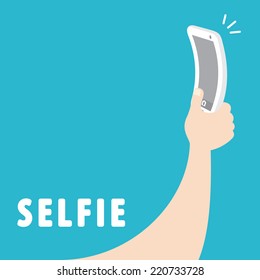 Taking a self portrait with smart phone. Cartoon vector illustration. Flat design. Selfie concept