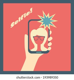 Taking self shot picture with smartphone. Eps10 vector illustration
