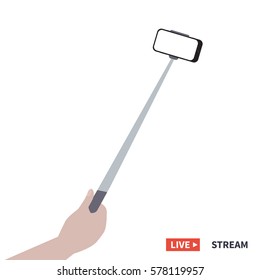 taking selfie - hand hold monopod with mobile phone. Selfie stick vector illustration
