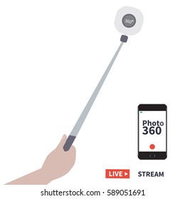 Taking Selfie - Hand Hold Monopod With Camera. Photo 360 Degrees. Selfie Stick Vector Illustration