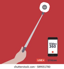 Taking Selfie - Hand Hold Monopod With Camera. Video 360 Degrees. Selfie Stick Vector Illustration