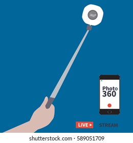 Taking Selfie - Hand Hold Monopod With Camera. Photo 360 Degrees. Selfie Stick Vector Illustration