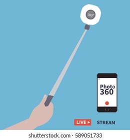 Taking Selfie - Hand Hold Monopod With Camera. Photo 360 Degrees. Selfie Stick Vector Illustration