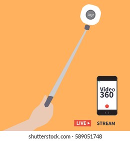 Taking Selfie - Hand Hold Monopod With Camera. Video 360 Degrees. Selfie Stick Vector Illustration