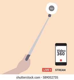 Taking Selfie - Hand Hold Monopod With Camera. Video 360 Degrees. Selfie Stick Vector Illustration