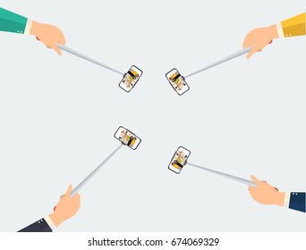 taking selfie - hand hold monopod with mobile phone. Selfie stick vector illustration. stock vector