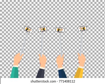 Taking Selfie - hand hold monopod with mobile phone on transparent background. Selfie stick vector illustration. stock vector