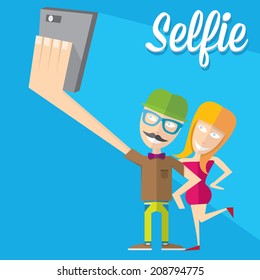taking selfie on smartphone on blue background. young couple taking selfie photo together with mobile phone. vector illustration