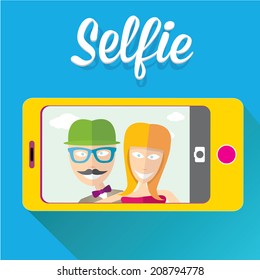 taking selfie on smartphone on blue background. young couple taking selfie photo together with mobile phone. vector illustration
