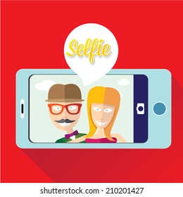 taking selfie on smartphone on red background. young couple taking selfie photo together with mobile phone. vector illustration