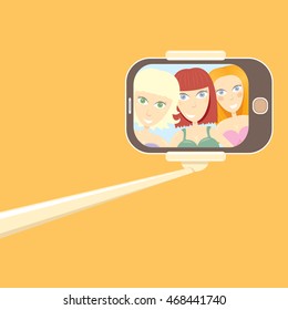 Taking Selfie Photo concept vector background. vector selfie stick with young happy beauty woman