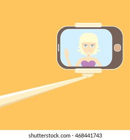 Taking Selfie Photo concept vector background. vector selfie stick with young happy beauty woman