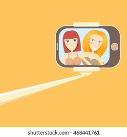 Taking Selfie Photo concept vector background. vector selfie stick with young happy beauty woman
