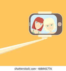 Taking Selfie Photo concept vector background. vector selfie stick with young happy beauty woman