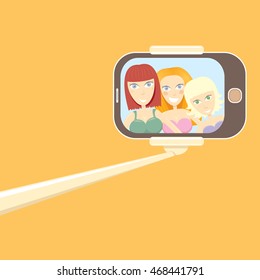 Taking Selfie Photo concept vector background. vector selfie stick with young happy beauty woman