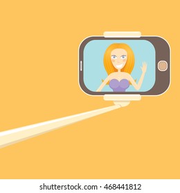 Taking Selfie Photo concept vector background. vector selfie stick with young happy beauty woman
