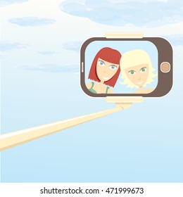 Taking Selfie Photo concept vector background. vector selfie stick with young happy beauty woman. Summer beach selfie