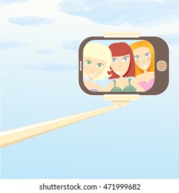 Taking Selfie Photo concept vector background. vector selfie stick with young happy beauty woman. Summer beach selfie