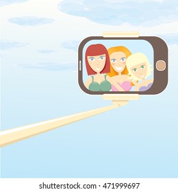 Taking Selfie Photo concept vector background. vector selfie stick with young happy beauty woman. Summer beach selfie