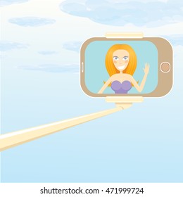 Taking Selfie Photo concept vector background. vector selfie stick with young happy beauty woman. Summer beach selfie