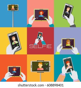 Taking Selfie Photo on Phone or Monopod concept. 
Hipster Flat design for web sites and infographic design.
Touch icon, hand with pressed finger. Vector Illustration. 