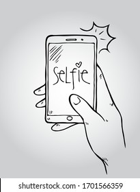 Taking Selfie Photo On Smart Phone . Vector Doodle Style Illustration