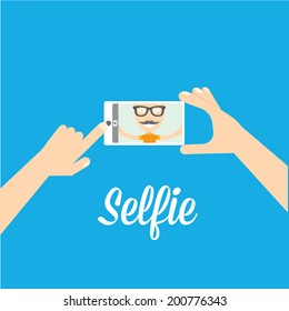 Taking Selfie Photo on Smart Phone concept on blue background. vector illustration