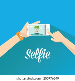 Taking Selfie Photo on Smart Phone concept on blue background. vector illustration