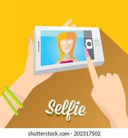 Taking Selfie Photo on Smart Phone concept on orange background. vector illustration