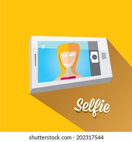 Taking Selfie Photo on Smart Phone concept on orange background. vector illustration