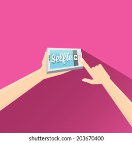 Taking Selfie Photo on Smart Phone concept on pink background. vector illustration