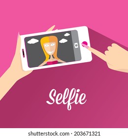 Taking Selfie Photo on Smart Phone concept on pink background. vector illustration