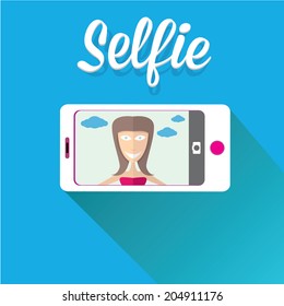 Taking Selfie Photo on Smart Phone concept on blue background. vector illustration
