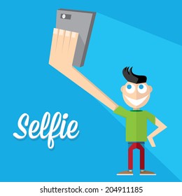Taking Selfie Photo on Smart Phone concept on blue background. vector illustration